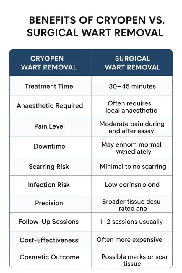 Table showing the benefits of cryopen to remove warts Ashbourne compared to surgical treatment